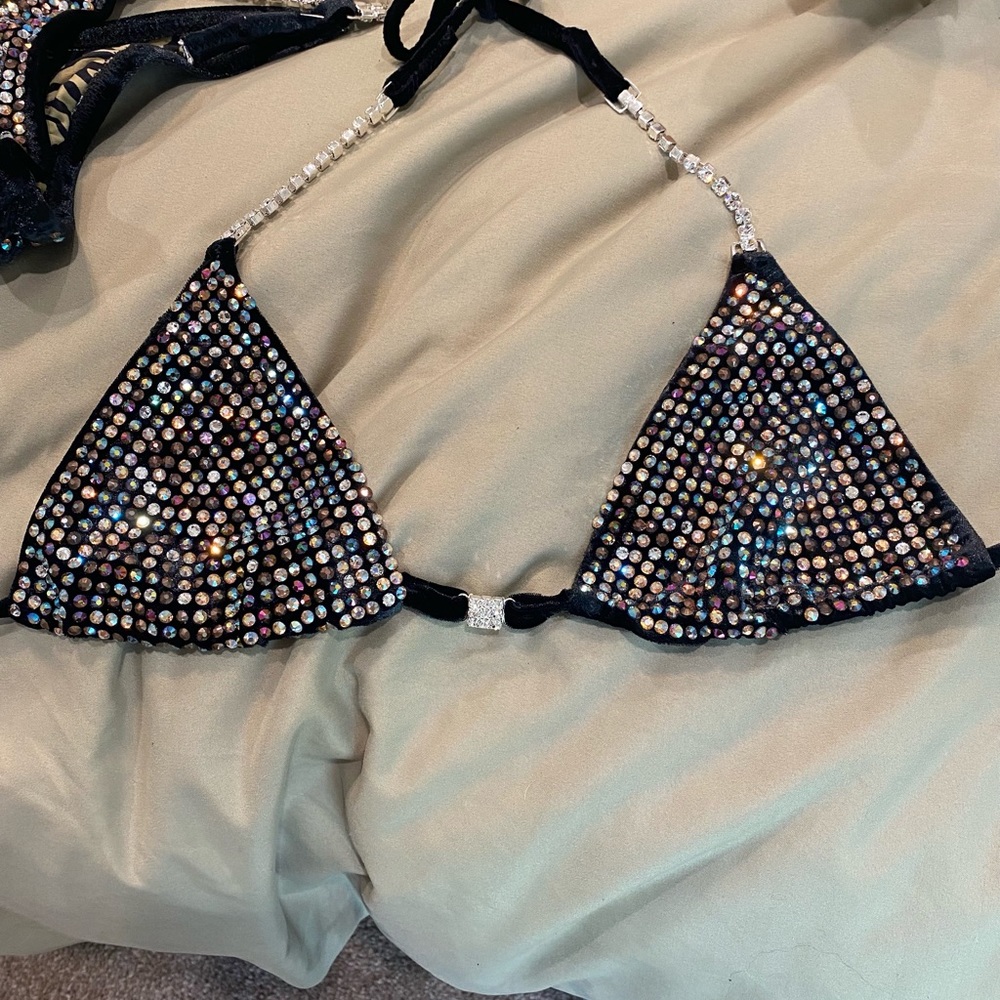 Black velvet with champagne stones bikini competition suit
